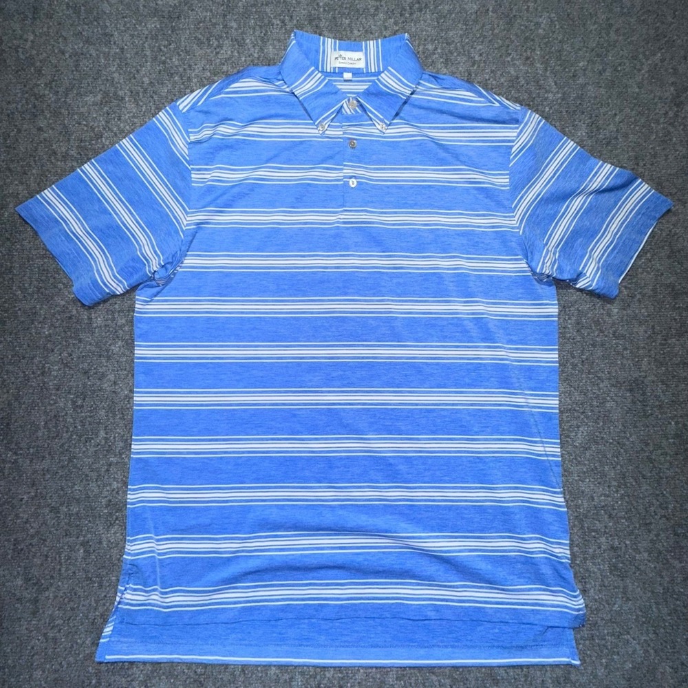 Peter Millar Summer Comfort L Blue White Striped Golf Polo 92% Poly Spandex EUC‎